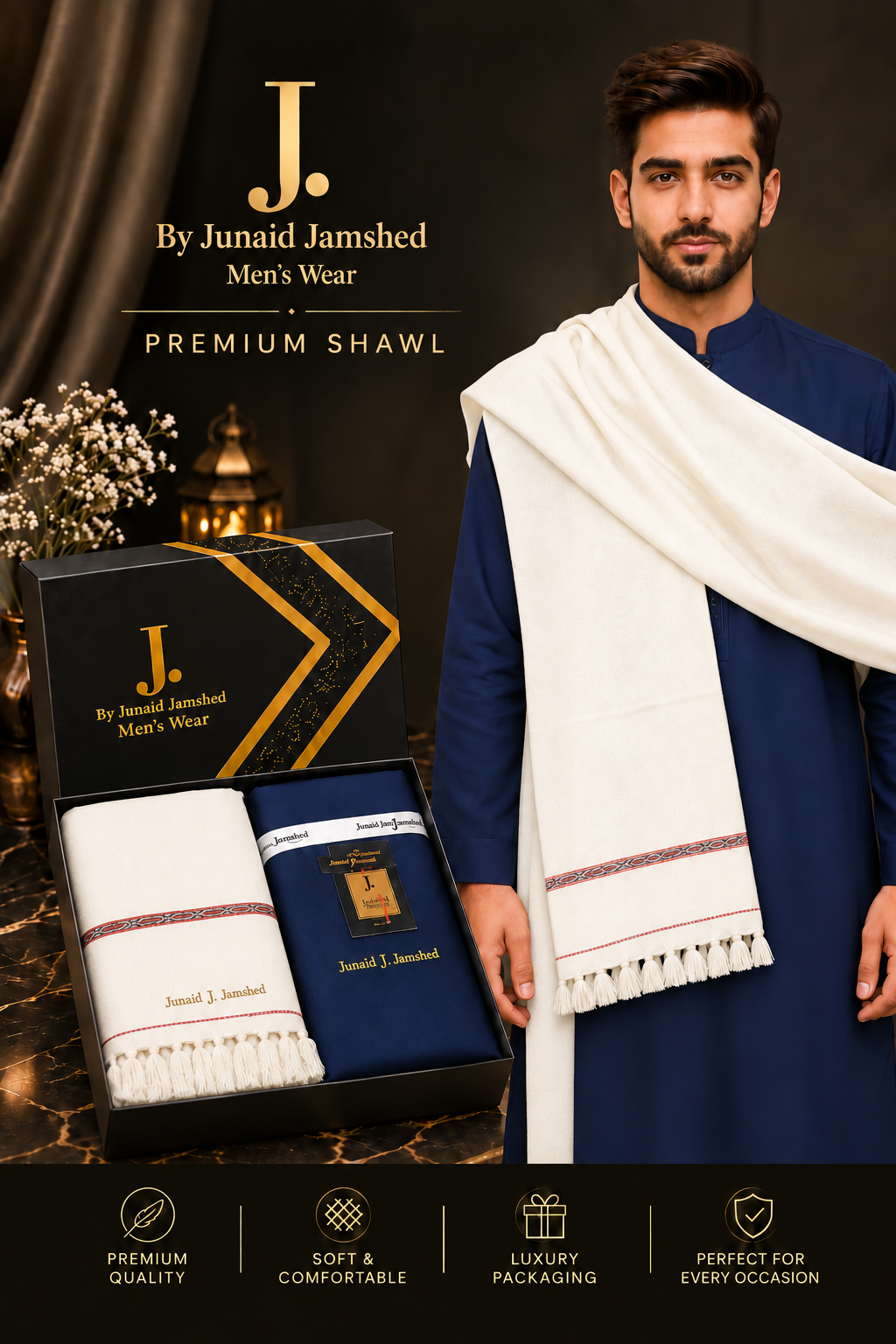 J. Junaid Jamshed Premium Suit + Shawl Luxury Box Deal ( Navy Blue Suit + White Shawl )