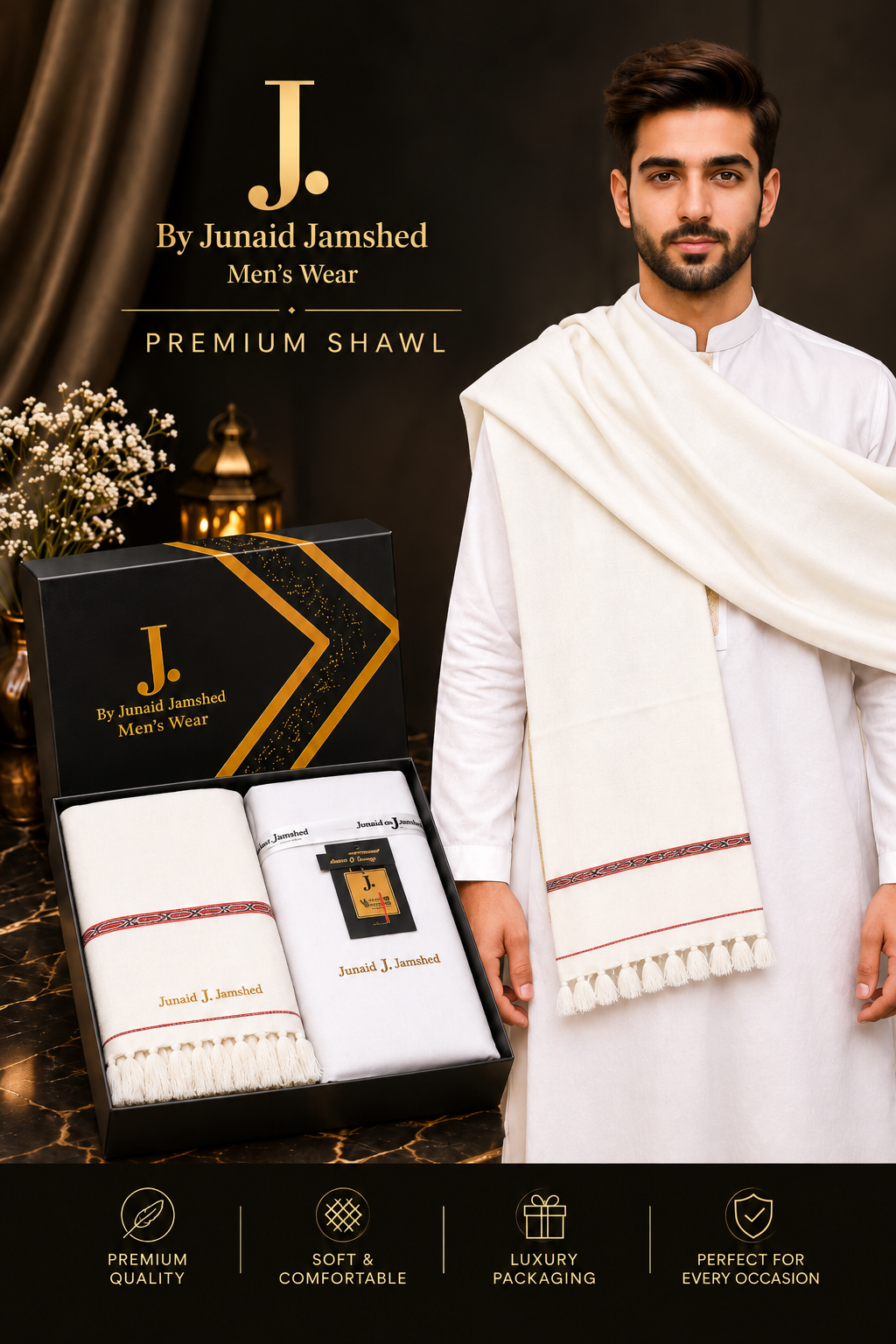 J. Junaid Jamshed Premium Suit + Shawl Luxury Box Deal ( Off White Suit + White Shawl )