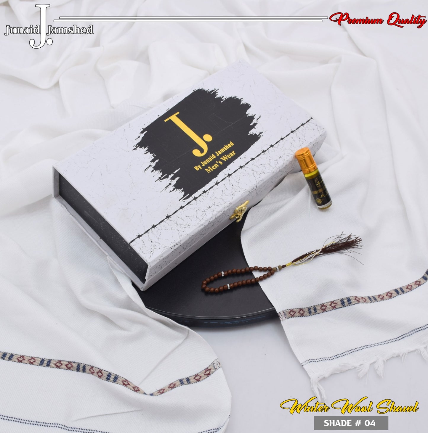 J. PREMIUM WOOL SHAWL FOR MEN WITH LUXURY BOX & BAG +GIFT TASBEH & ATAR ( pearl white )