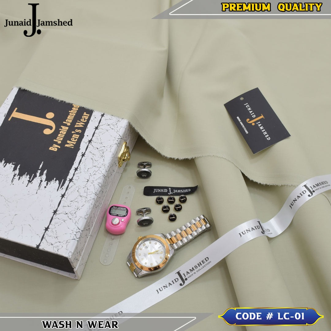 J. Business Class 4 Season Wash N Wear With Luxury Box & Bag + Button + Tasbeeh + Rolex Watch + Cufflinks ( Biscuit )