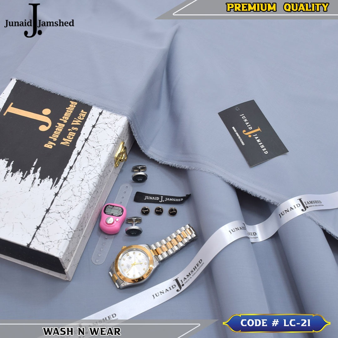 J. Business Class 4 Season Wash N Wear With Luxury Box & Bag + Button + Tasbeeh + Rolex Watch + Cufflinks ( Sliver Grey )