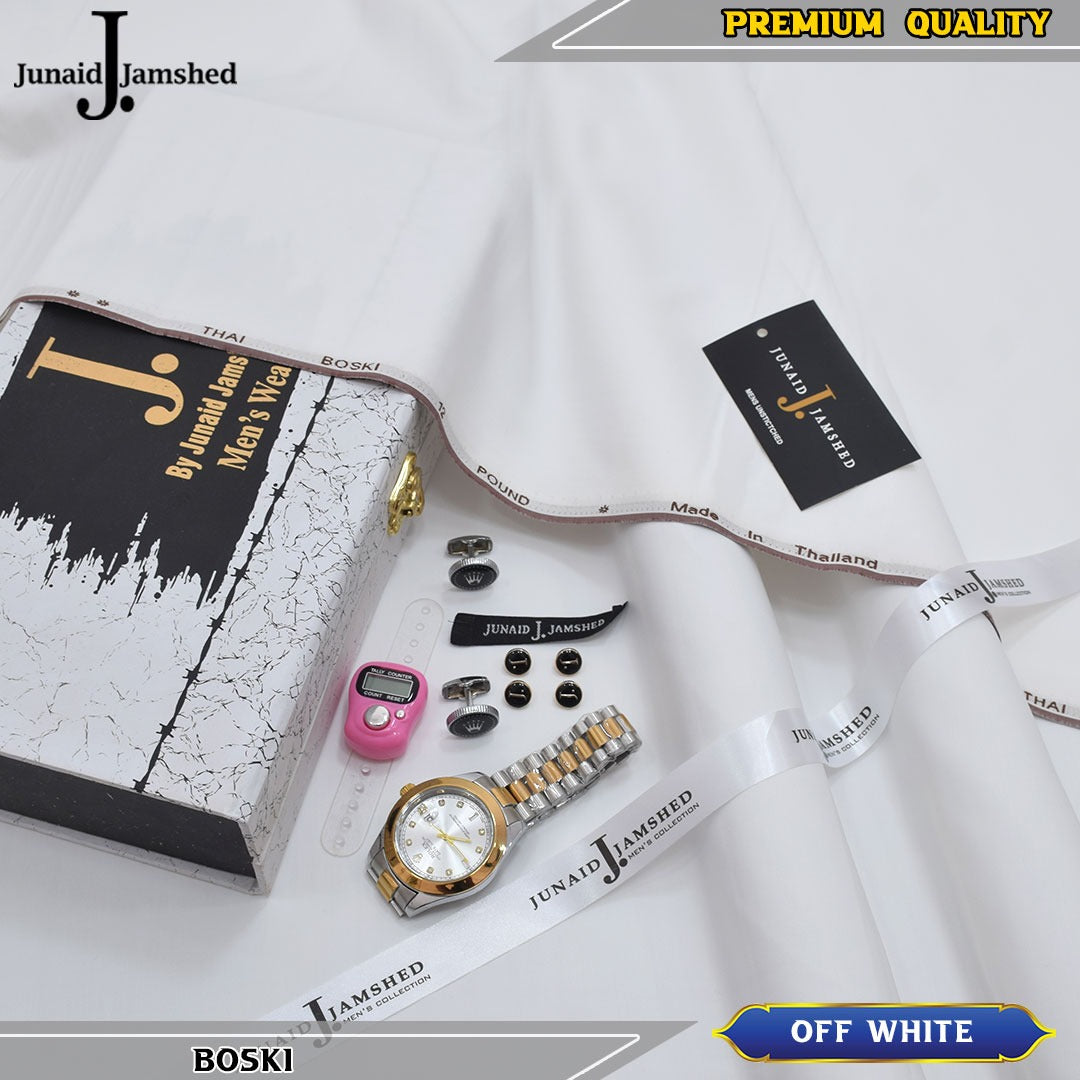 J. Imported 12 Pound Bosky With Luxury Box & Bag + Button + Tasbeeh + Rolex Watch + Cufflinks ( Off White )