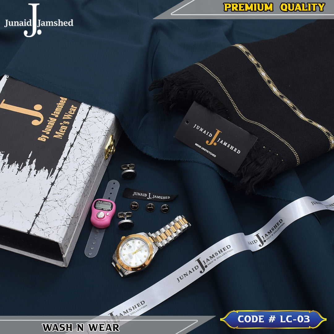 J. Business Class 4 Season Wash N Wear With Luxury Box & Bag + Button + Tasbeeh + Rolex Watch + Cufflinks + Shawl ( Gunmetal )