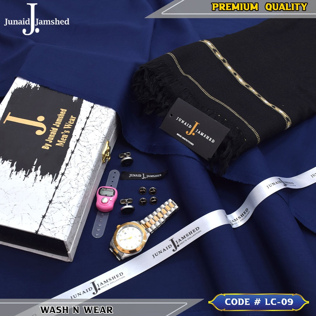 J. Business Class 4 Season Wash N Wear With Luxury Box & Bag + Button + Tasbeeh + Rolex Watch + Cufflinks + Shawl ( Denim Blue )