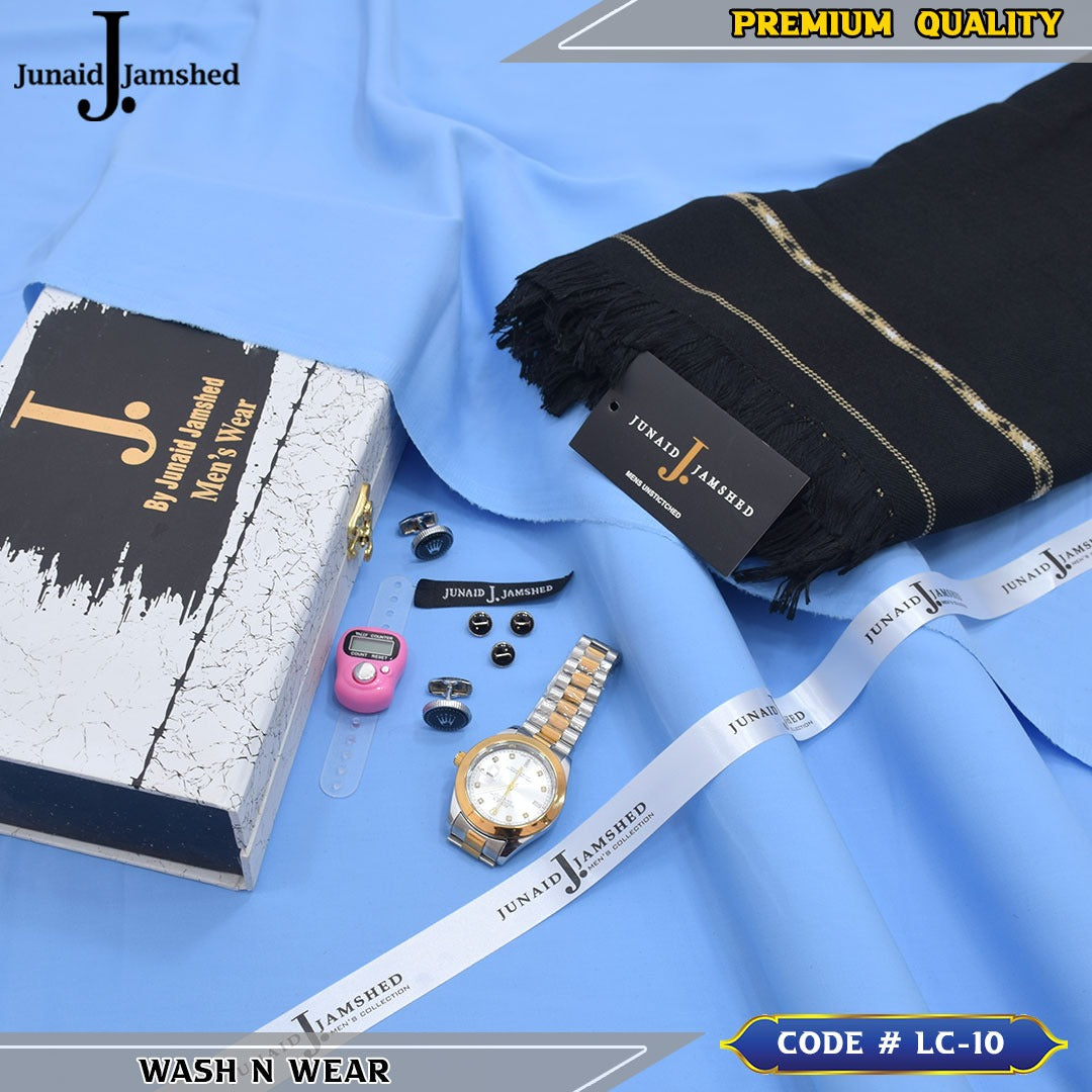 J. Business Class 4 Season Wash N Wear With Luxury Box & Bag + Button + Tasbeeh + Rolex Watch + Cufflinks + Shawl ( Sky Blue )