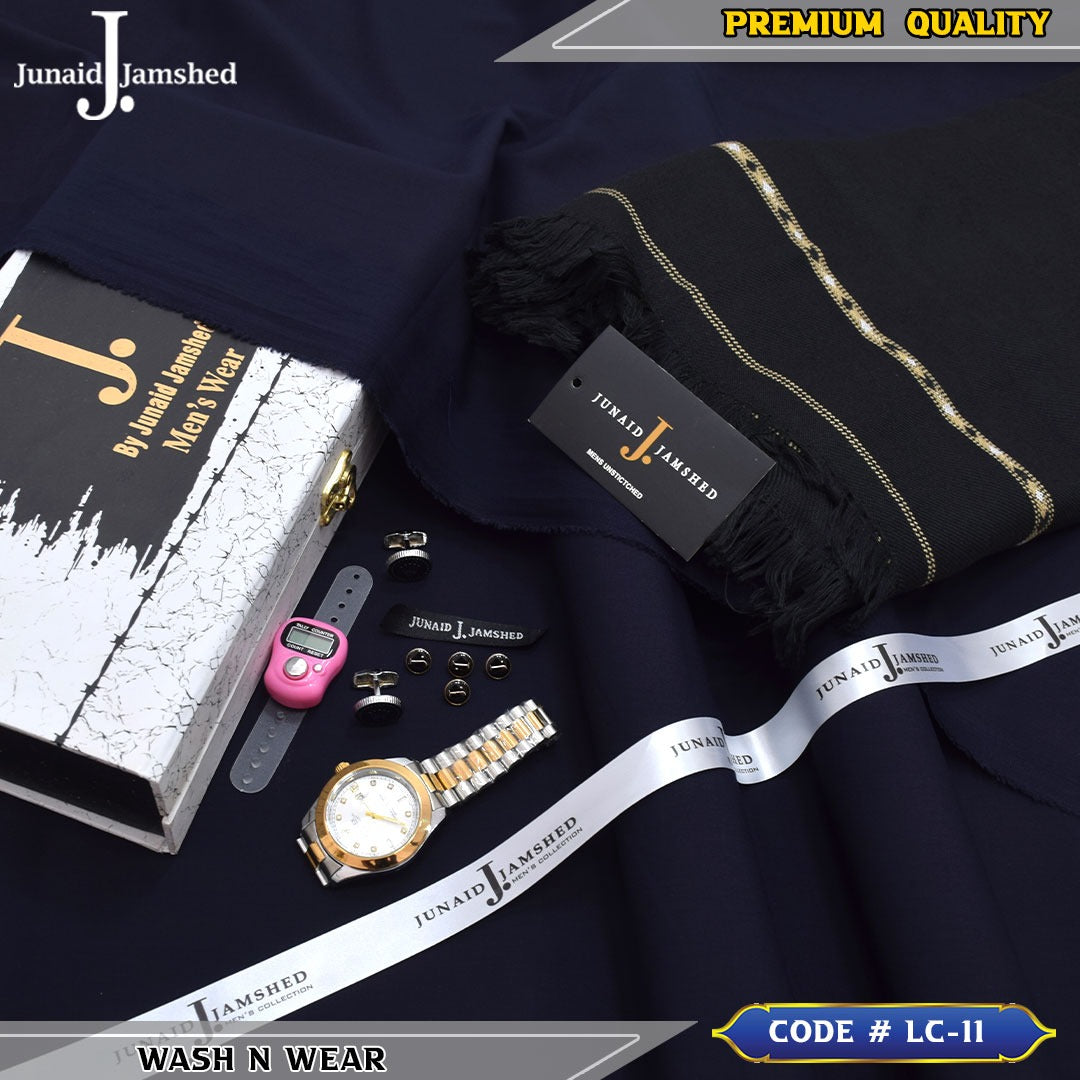 J. Business Class 4 Season Wash N Wear With Luxury Box & Bag + Button + Tasbeeh + Rolex Watch + Cufflinks + Shawl ( Navy Blue )