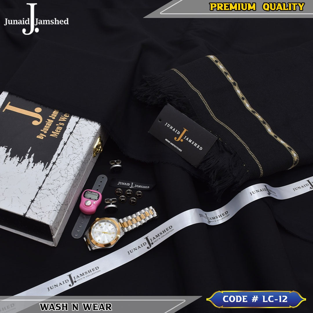 J. Business Class 4 Season Wash N Wear With Luxury Box & Bag + Button + Tasbeeh + Rolex Watch + Cufflinks + Shawl ( Black )