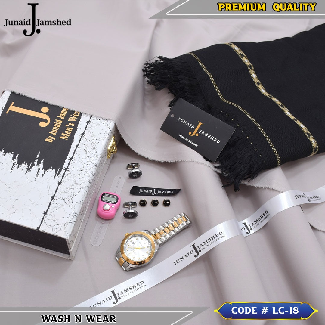 J. Business Class 4 Season Wash N Wear With Luxury Box & Bag + Button + Tasbeeh + Rolex Watch + Cufflinks + Shawl ( Stone )