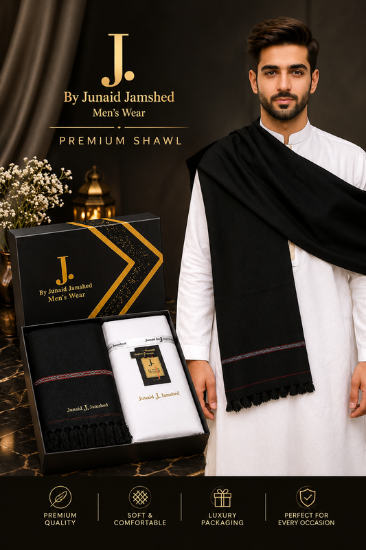 J. Junaid Jamshed  Premium Suit + Shawl Luxury Box Deal  ( Off White Suit + Black Shawl )