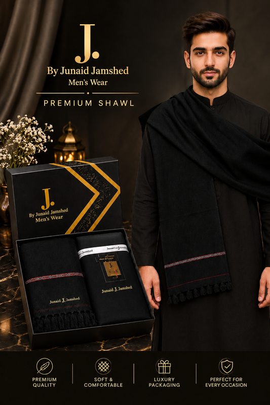 J. Junaid Jamshed  Premium Suit + Shawl Luxury Box Deal  ( Black Suit + Black Shawl )