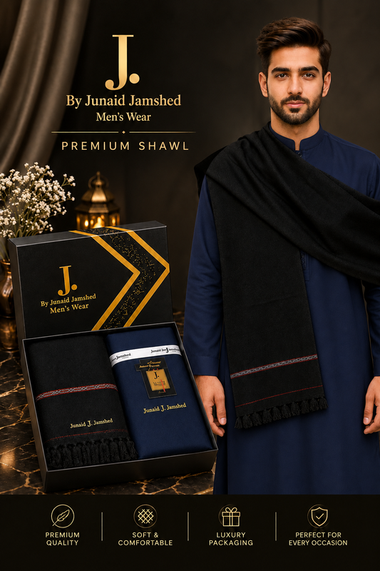 J. Junaid Jamshed  Premium Suit + Shawl Luxury Box Deal  ( Navy Blue Suit + Black Shawl )