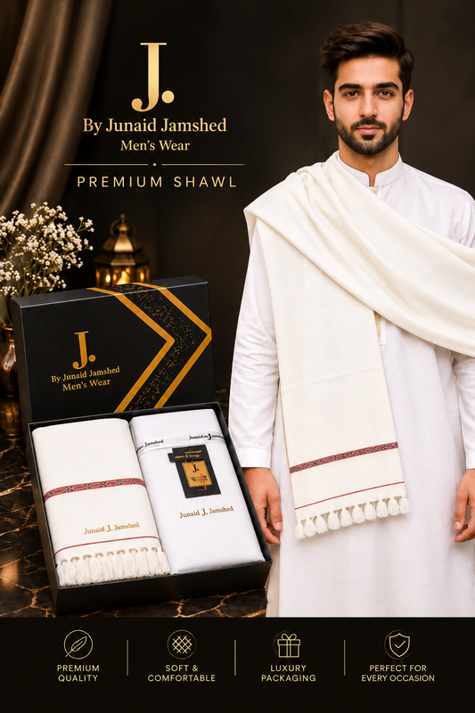 J. Junaid Jamshed  Premium Suit + Shawl Luxury Box Deal  ( Off White Suit + White Shawl )