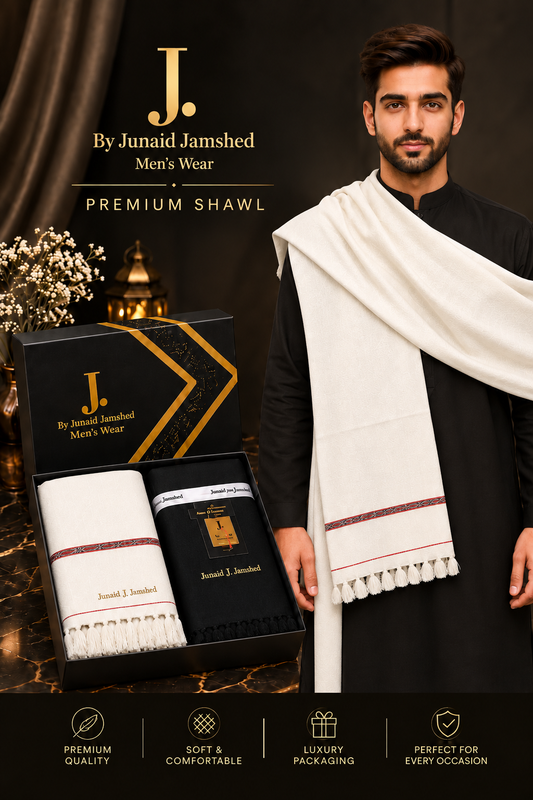 J. Junaid Jamshed  Premium Suit + Shawl Luxury Box Deal  ( Black Suit + White Shawl )