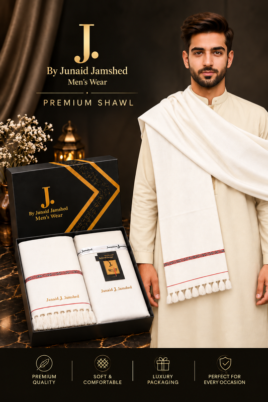 J. Junaid Jamshed  Premium Suit + Shawl Luxury Box Deal  ( Cream Suit + White Shawl )