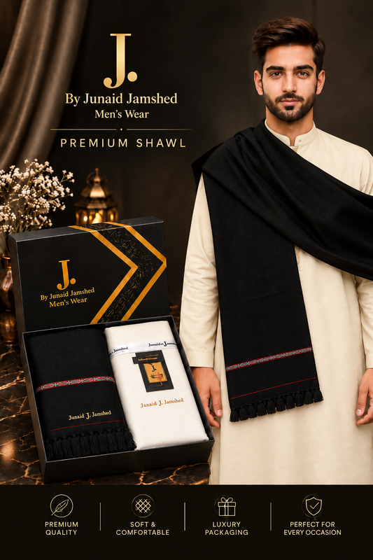 J. Junaid Jamshed  Premium Suit + Shawl Luxury Box Deal  ( Cream Suit + Black Shawl )
