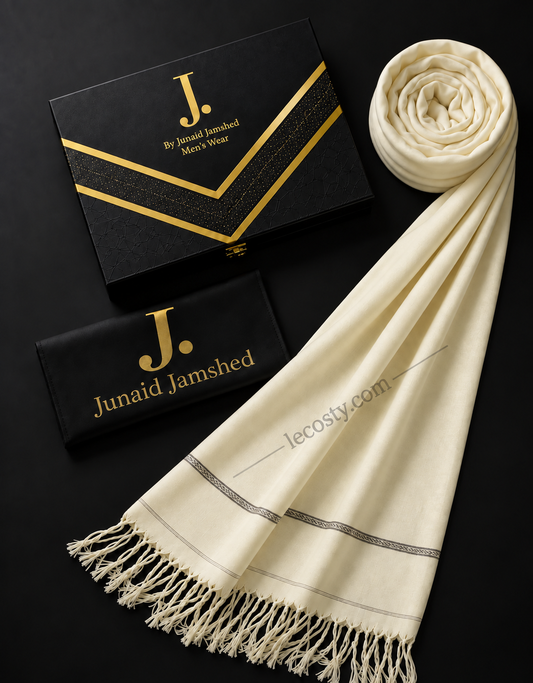 J. PREMIUM WOOL SHAWL FOR MENS WITH GIFT BOX & BAG  ( Rich Cream )