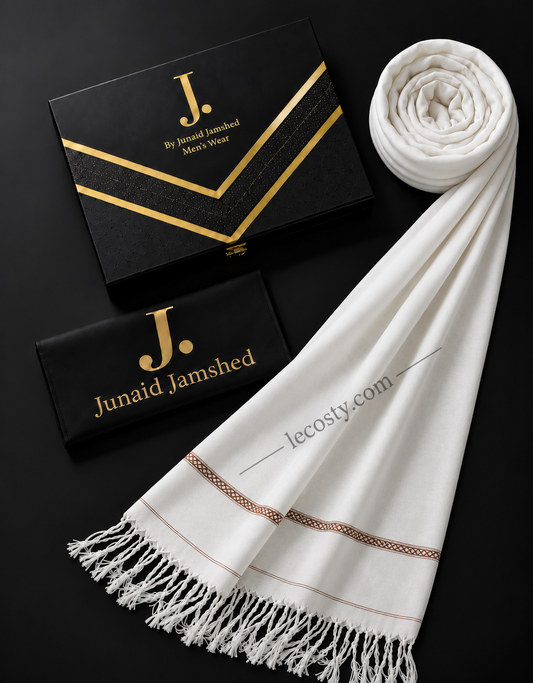 J. PREMIUM WOOL SHAWL FOR MENS WITH GIFT BOX & BAG  ( Pearl White )