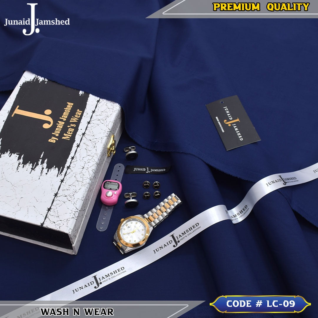 J. Business Class 4 Season Wash N Wear With Luxury Box & Bag + Button + Tasbeeh + Rolex Watch + Cufflinks ( Denim Blue )