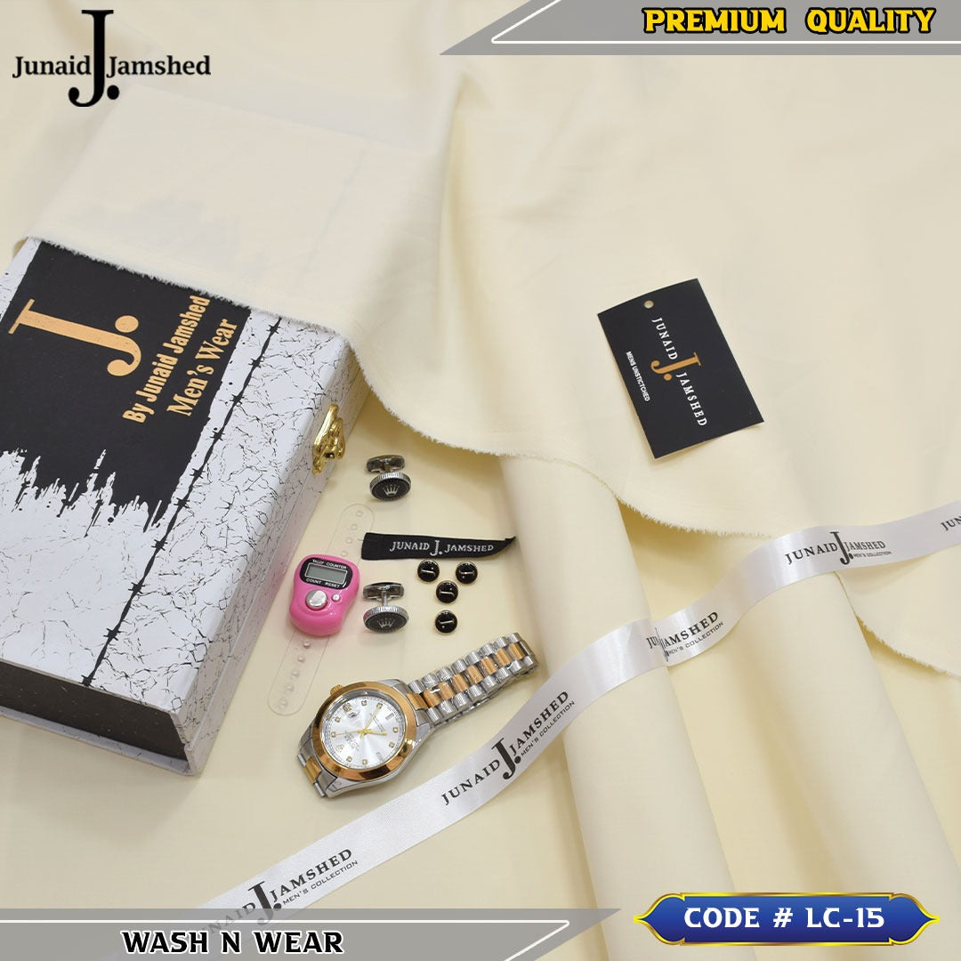 J. Business Class 4 Season Wash N Wear With Luxury Box & Bag + Button + Tasbeeh + Rolex Watch + Cufflinks ( Special Cream )