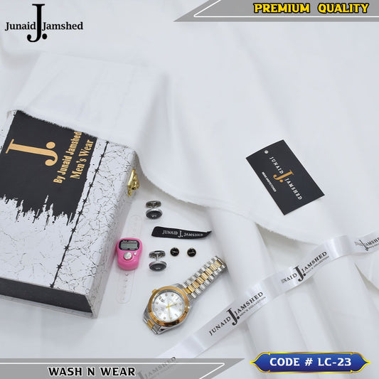 J. Business Class 4 Season Wash N Wear With Luxury Box & Bag + Button + Tasbeeh + Rolex Watch + Cufflinks ( Off White )