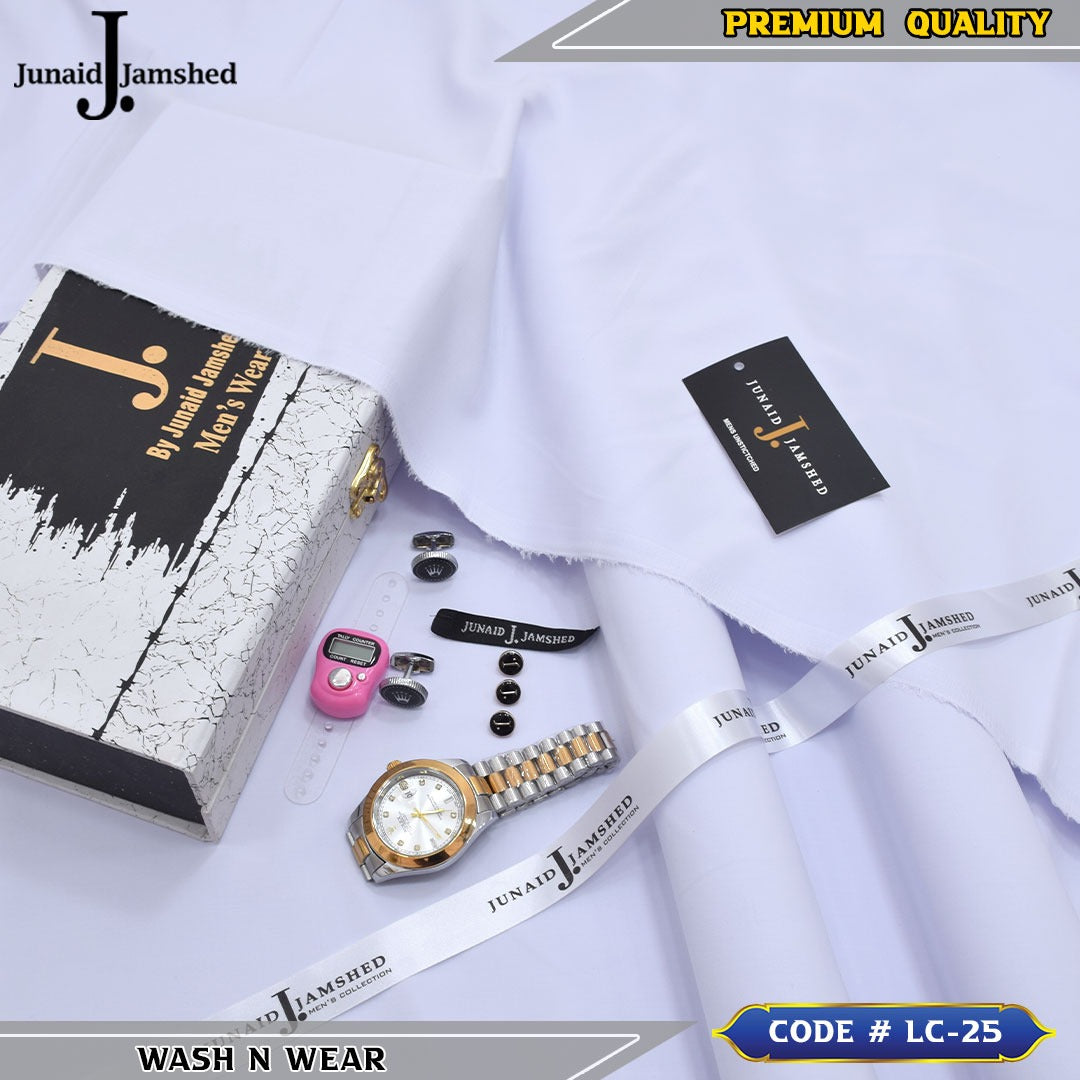 J. Business Class 4 Season Wash N Wear With Luxury Box & Bag + Button + Tasbeeh + Rolex Watch + Cufflinks ( Pure White )