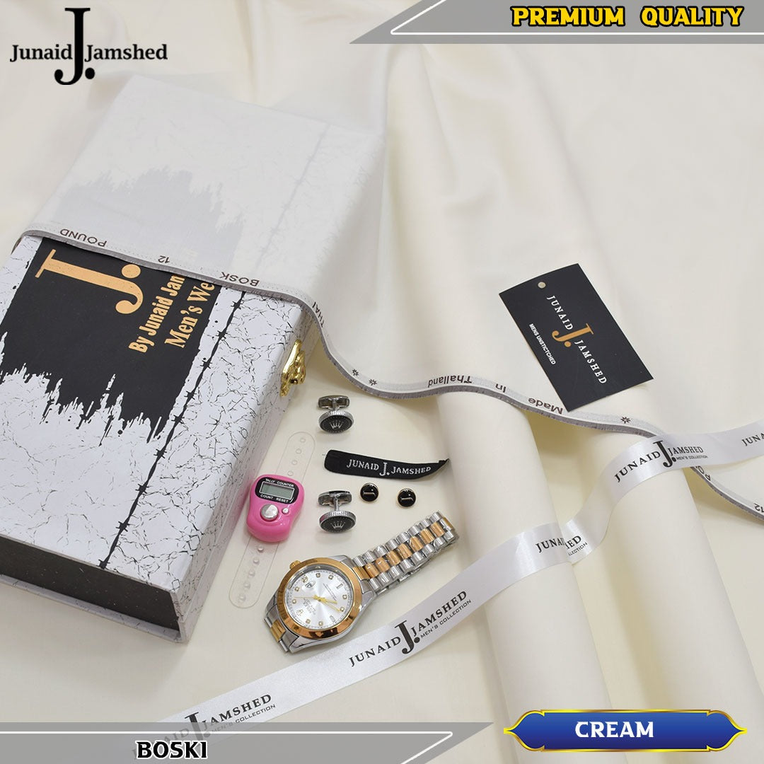 J. Imported 12 Pound Bosky With Luxury Box & Bag + Button + Tasbeeh + Rolex Watch + Cufflinks ( Cream )