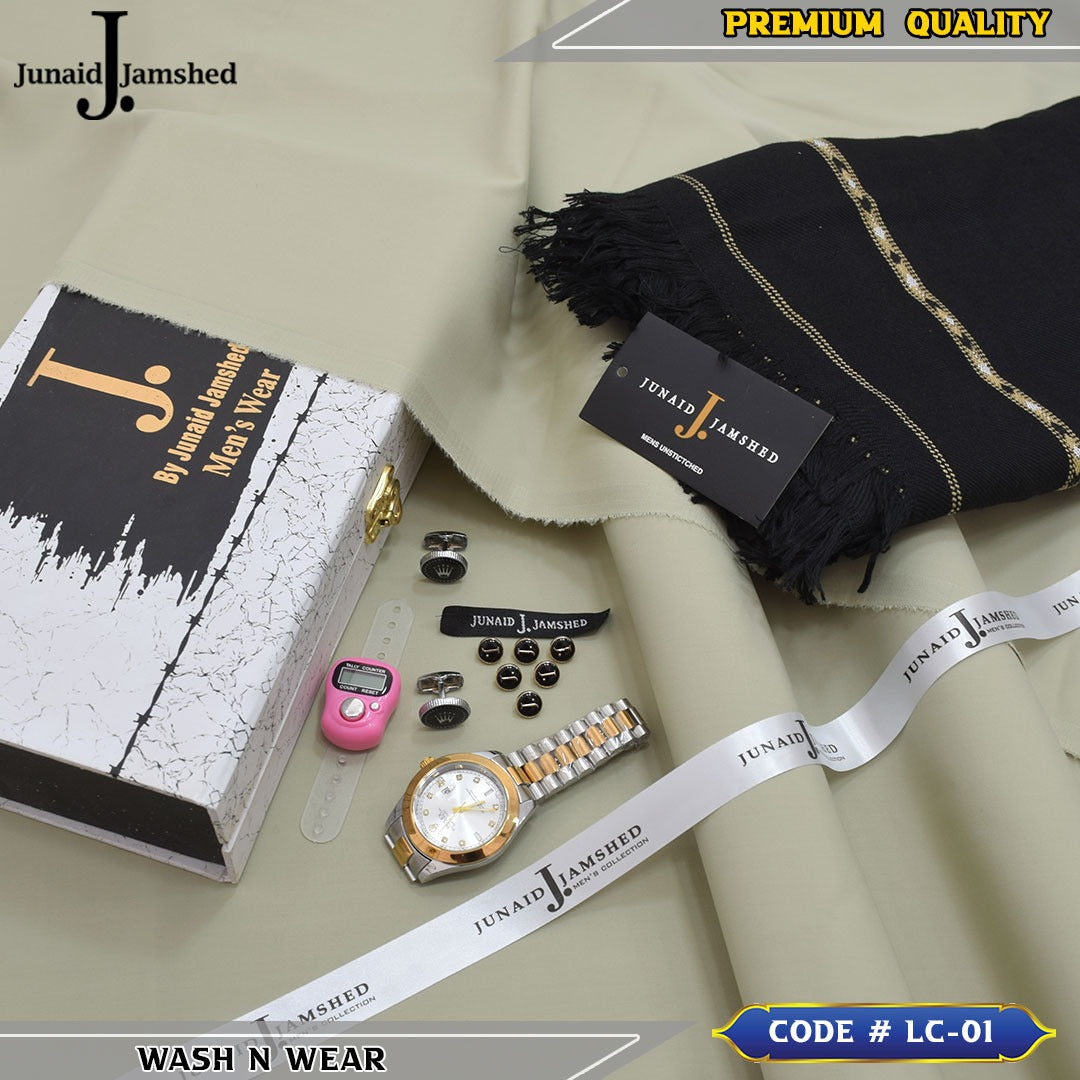 J. Business Class 4 Season Wash N Wear With Luxury Box & Bag + Button + Tasbeeh + Rolex Watch + Cufflinks + Shawl ( Biscuit )