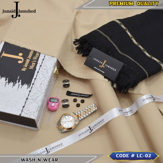 J. Business Class 4 Season Wash N Wear With Luxury Box & Bag + Button + Tasbeeh + Rolex Watch + Cufflinks + Shawl ( Almond )