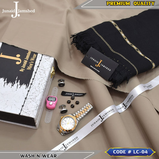 J. Business Class 4 Season Wash N Wear With Luxury Box & Bag + Button + Tasbeeh + Rolex Watch + Cufflinks + Shawl ( Beige )