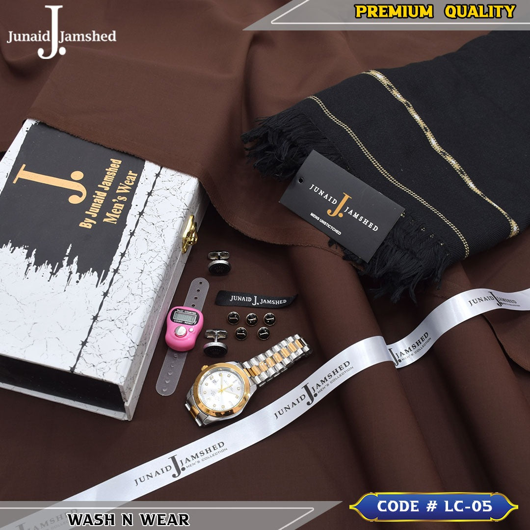 J. Business Class 4 Season Wash N Wear With Luxury Box & Bag + Button + Tasbeeh + Rolex Watch + Cufflinks + Shawl ( Chocolate Brown )