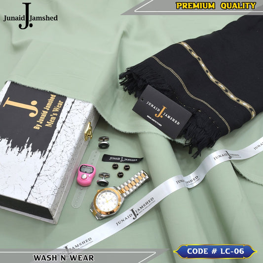 J. Business Class 4 Season Wash N Wear With Luxury Box & Bag + Button + Tasbeeh + Rolex Watch + Cufflinks + Shawl ( Pista )