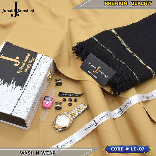 J. Business Class 4 Season Wash N Wear With Luxury Box & Bag + Button + Tasbeeh + Rolex Watch + Cufflinks + Shawl ( Skin Gold )