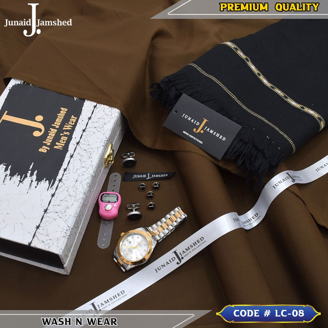 J. Business Class 4 Season Wash N Wear With Luxury Box & Bag + Button + Tasbeeh + Rolex Watch + Cufflinks + Shawl ( Coco Brown )