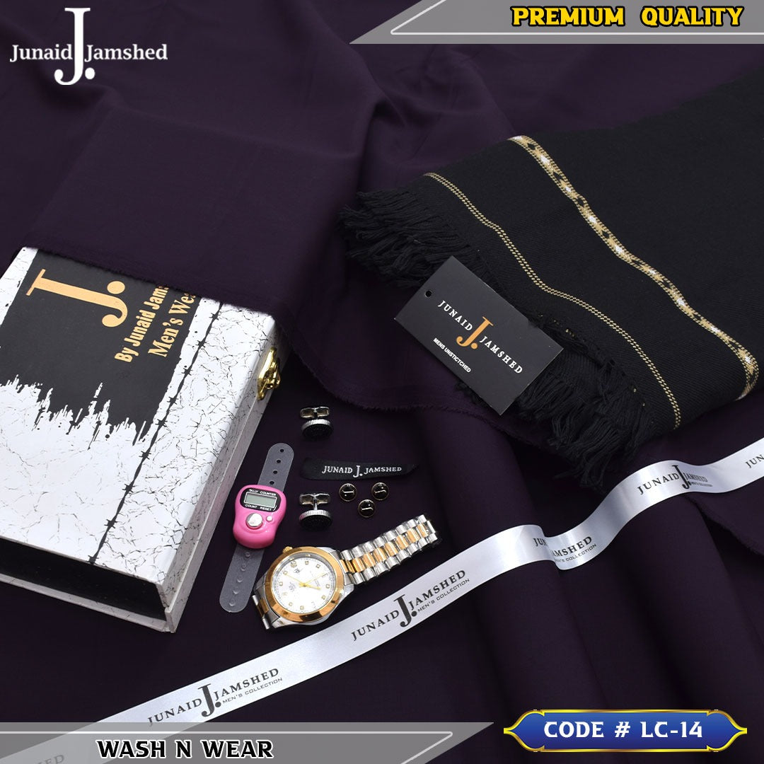 J. Business Class 4 Season Wash N Wear With Luxury Box & Bag + Button + Tasbeeh + Rolex Watch + Cufflinks + Shawl ( Deep Purple )