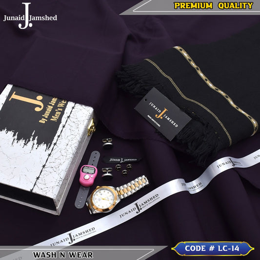 J. Business Class 4 Season Wash N Wear With Luxury Box & Bag + Button + Tasbeeh + Rolex Watch + Cufflinks + Shawl ( Deep Purple )