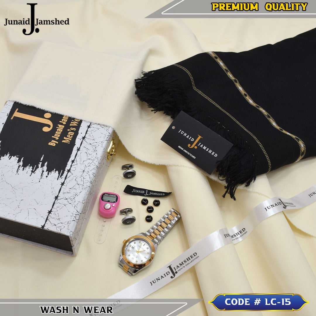 J. Business Class 4 Season Wash N Wear With Luxury Box & Bag + Button + Tasbeeh + Rolex Watch + Cufflinks + Shawl ( Cream )