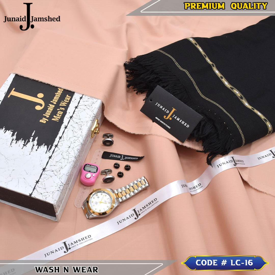 J. Business Class 4 Season Wash N Wear With Luxury Box & Bag + Button + Tasbeeh + Rolex Watch + Cufflinks + Shawl ( Tea Pink )
