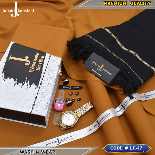 J. Business Class 4 Season Wash N Wear With Luxury Box & Bag + Button + Tasbeeh + Rolex Watch + Cufflinks + Shawl ( Camel )