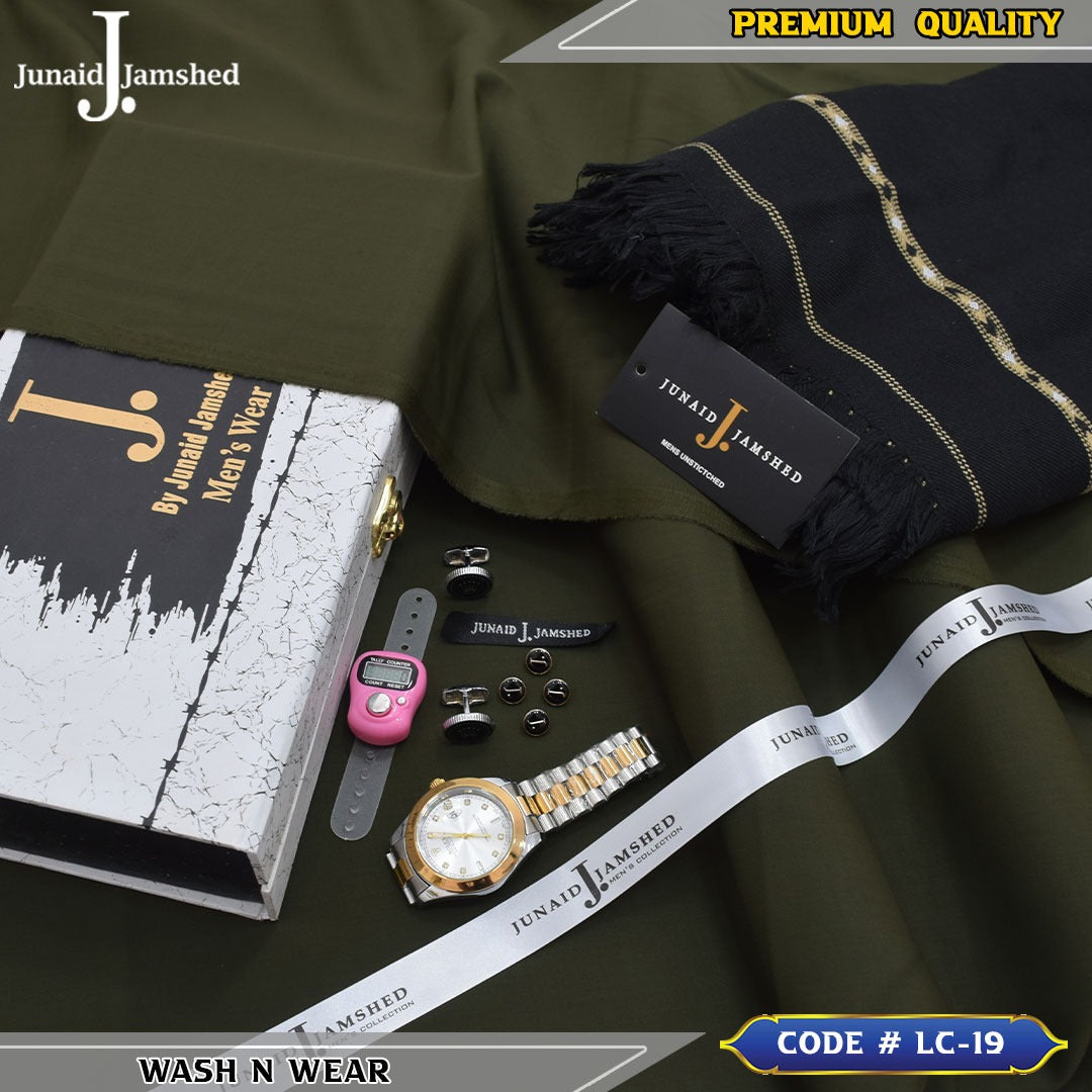 J. Business Class 4 Season Wash N Wear With Luxury Box & Bag + Button + Tasbeeh + Rolex Watch + Cufflinks + Shawl ( Charcoal )