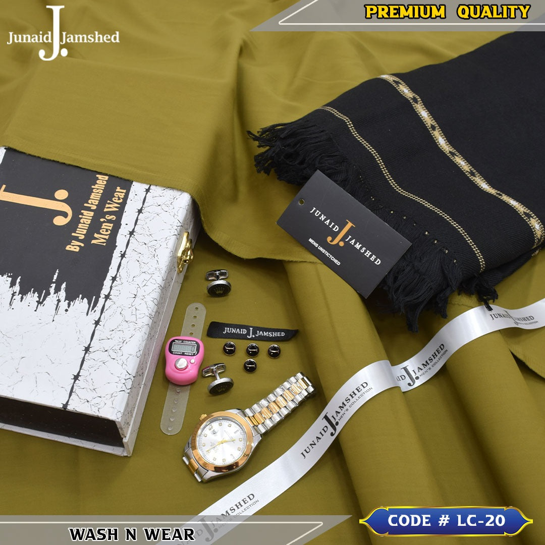 J. Business Class 4 Season Wash N Wear With Luxury Box & Bag + Button + Tasbeeh + Rolex Watch + Cufflinks + Shawl ( Mehndi )