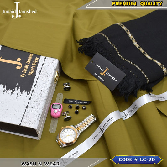 J. Business Class 4 Season Wash N Wear With Luxury Box & Bag + Button + Tasbeeh + Rolex Watch + Cufflinks + Shawl ( Mehndi )