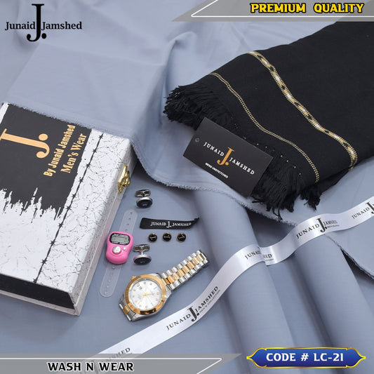 J. Business Class 4 Season Wash N Wear With Luxury Box & Bag + Button + Tasbeeh + Rolex Watch + Cufflinks + Shawl ( Silver Grey )