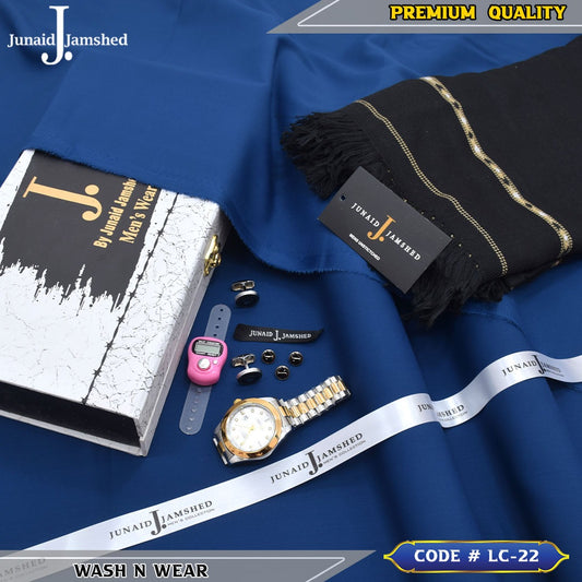 J. Business Class 4 Season Wash N Wear With Luxury Box & Bag + Button + Tasbeeh + Rolex Watch + Cufflinks + Shawl ( Royal Blue )