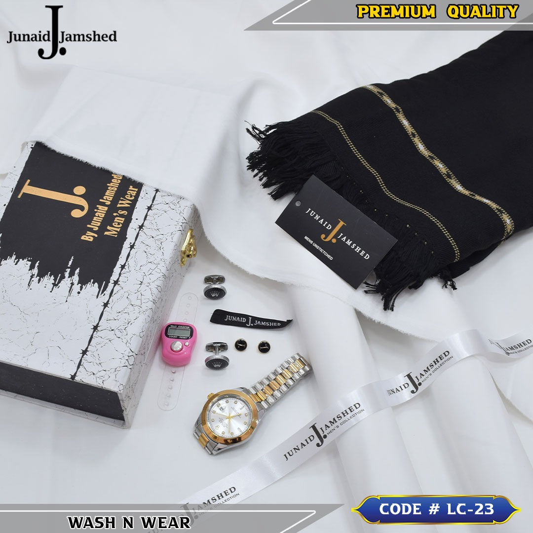 J. Business Class 4 Season Wash N Wear With Luxury Box & Bag + Button + Tasbeeh + Rolex Watch + Cufflinks + Shawl ( Off White )
