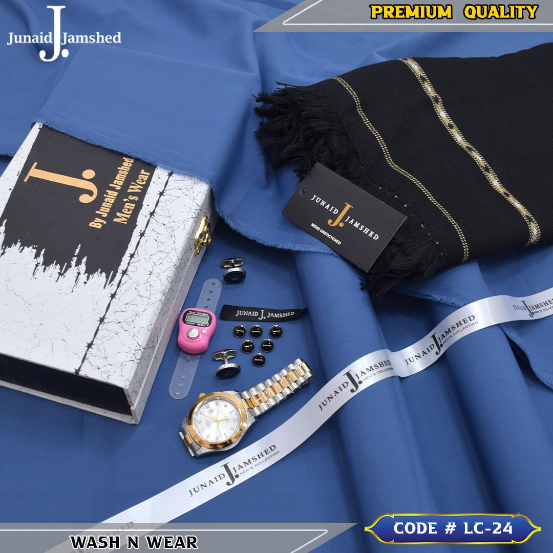 J. Business Class 4 Season Wash N Wear With Luxury Box & Bag + Button + Tasbeeh + Rolex Watch + Cufflinks + Shawl ( Zinc Blue )