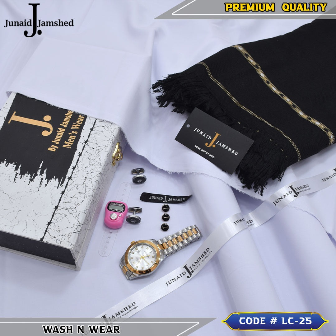 J. Business Class 4 Season Wash N Wear With Luxury Box & Bag + Button + Tasbeeh + Rolex Watch + Cufflinks + Shawl ( Pure White )