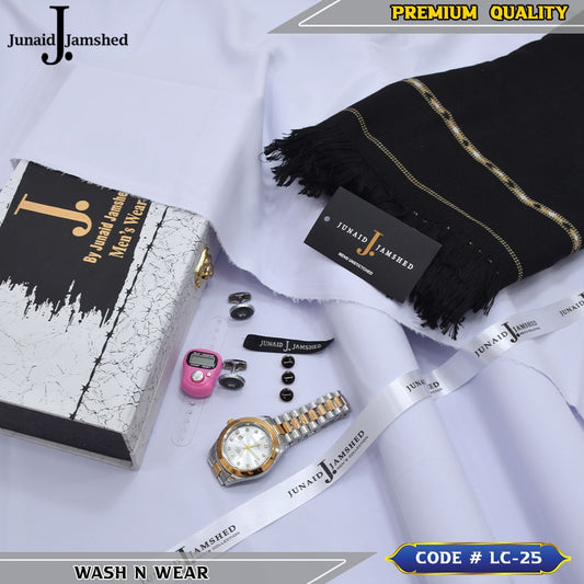J. Business Class 4 Season Wash N Wear With Luxury Box & Bag + Button + Tasbeeh + Rolex Watch + Cufflinks + Shawl ( Pure White )