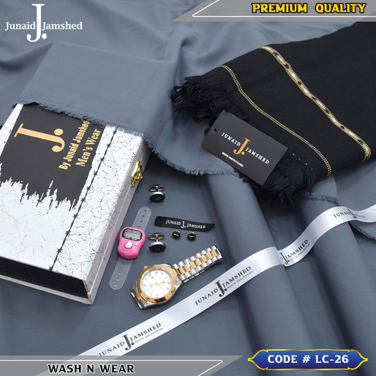 J. Business Class 4 Season Wash N Wear With Luxury Box & Bag + Button + Tasbeeh + Rolex Watch + Cufflinks + Shawl ( Royal Grey )