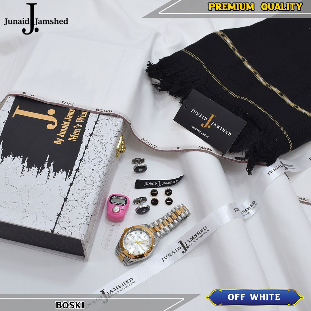 J. Imported 12 Pound Bosky With Luxury Box & Bag + Button + Tasbeeh + Rolex Watch + Cufflinks + Shawl ( Off White )